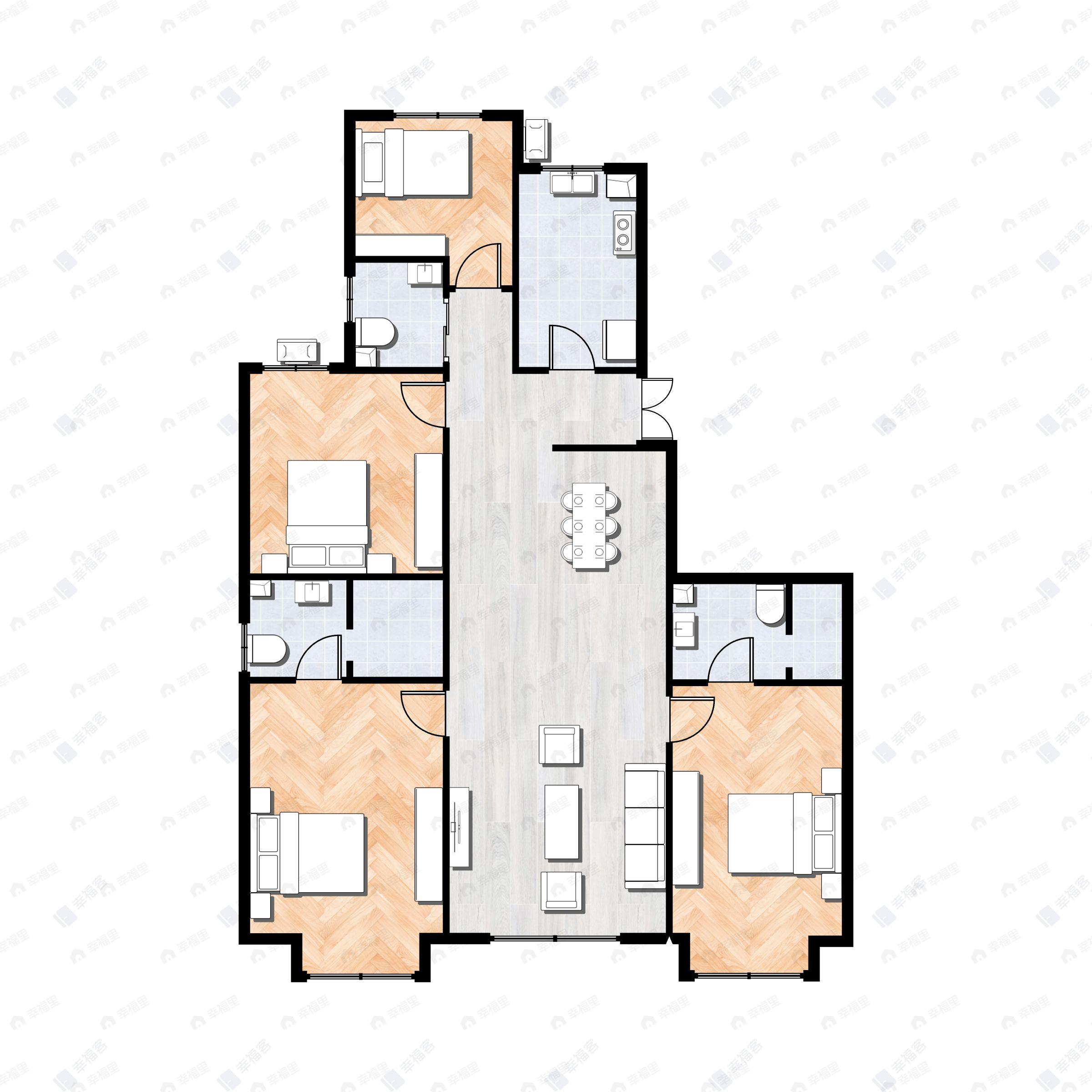4室2厅3卫建面159平北|南户型图