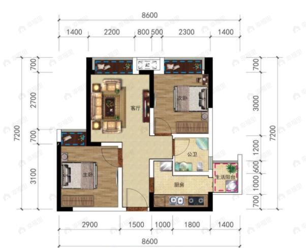 天和绣水岸2室1厅1卫户型图