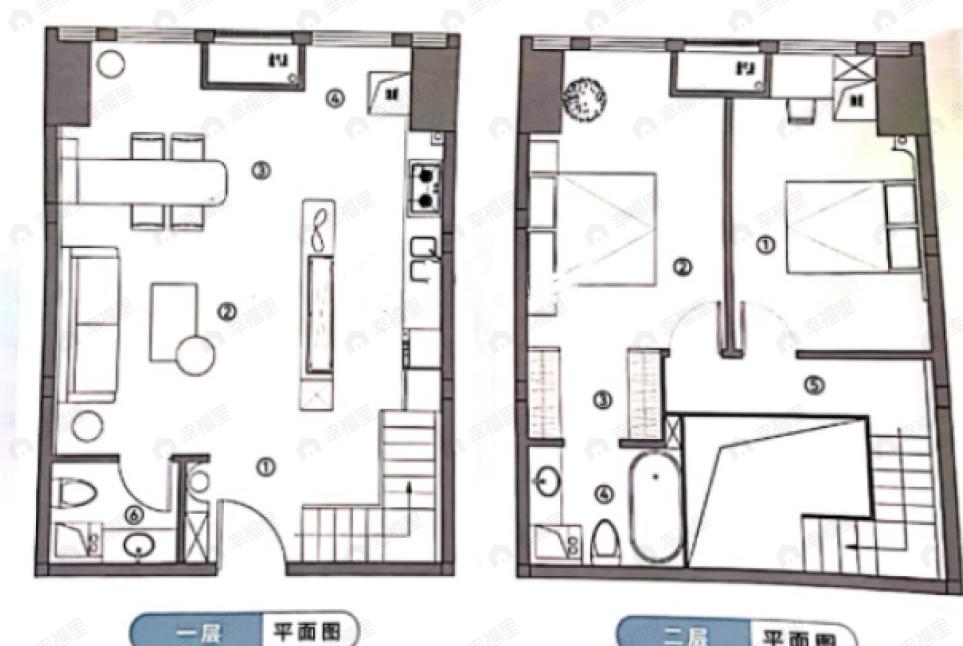 2室2厅2卫建面77平东|西|南|北户型图