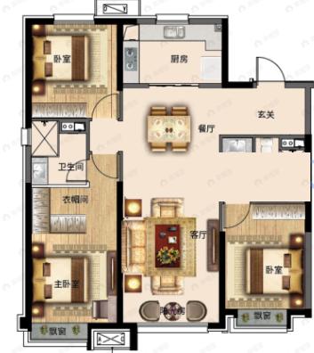 3室2厅2卫建面132平户型图