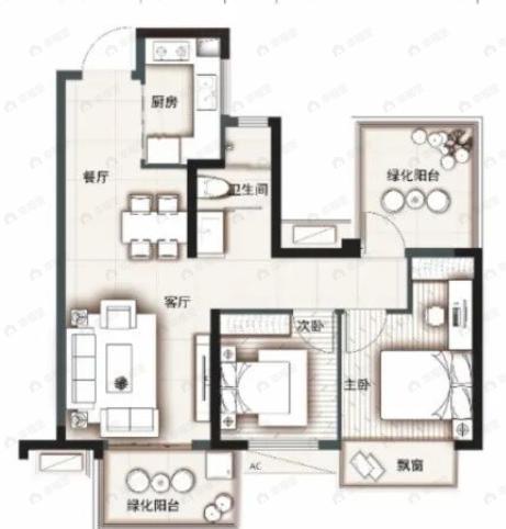金地美域国际2室2厅1卫户型图