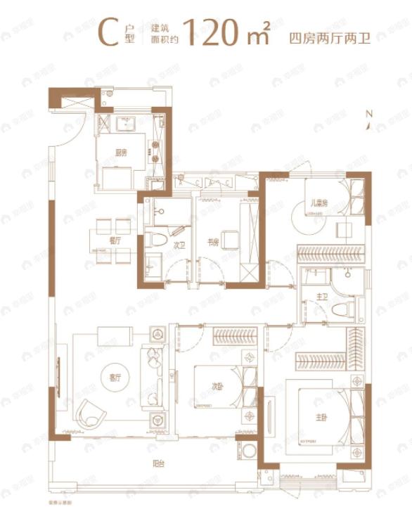 4室2厅2卫建面120平南户型图