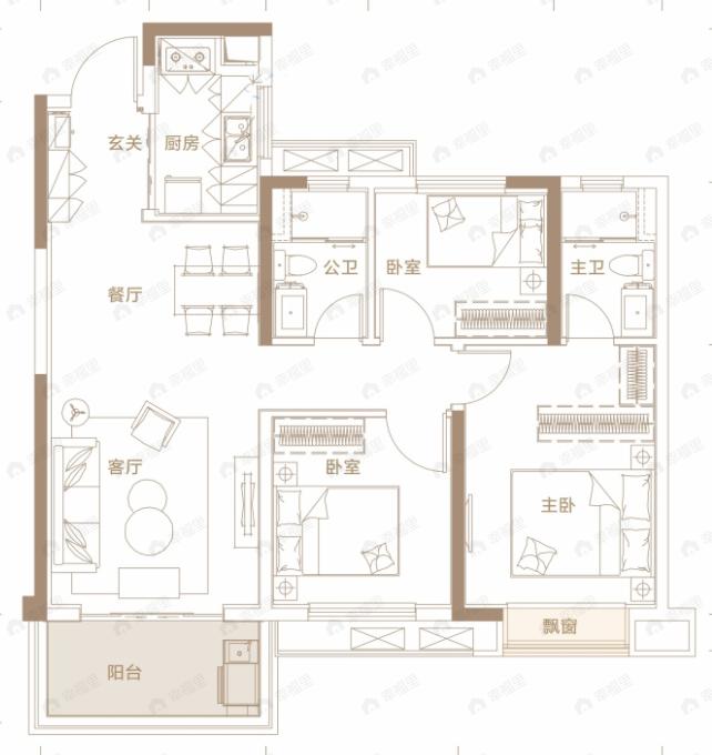 长沙北中心保利时代3室2厅2卫户型图