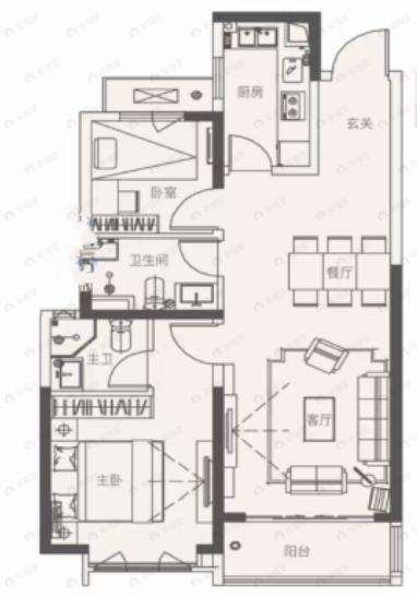 2室2厅2卫建面85平南|西南户型图