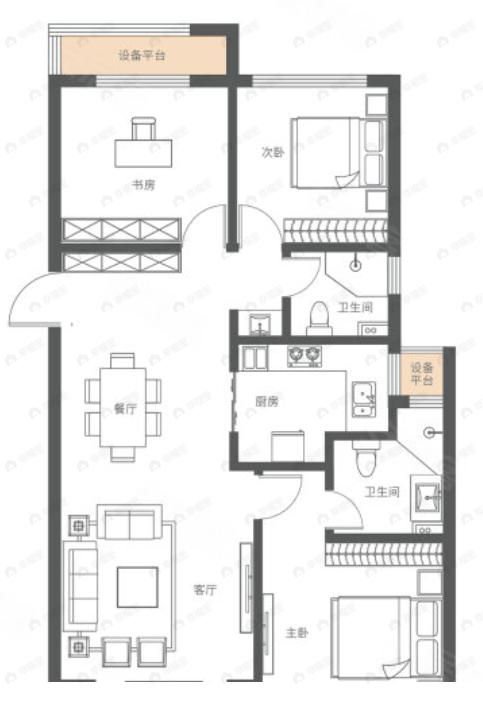3室2厅2卫建面115平户型图