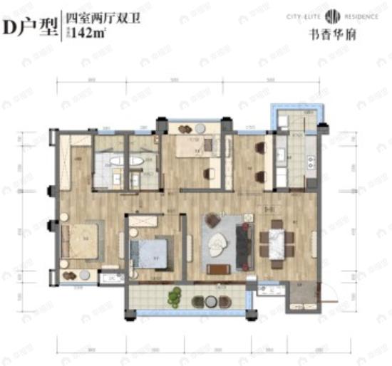 书香华府4室2厅2卫户型图