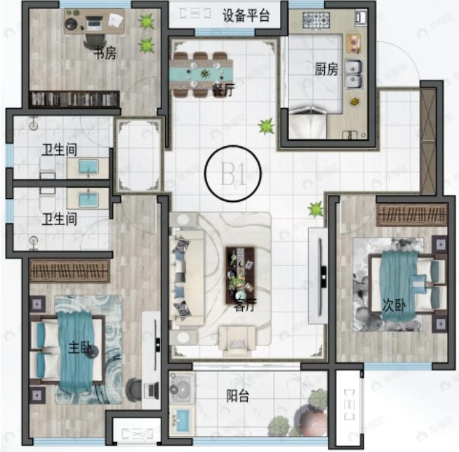 恒泰湖滨玫瑰3室2厅2卫户型图