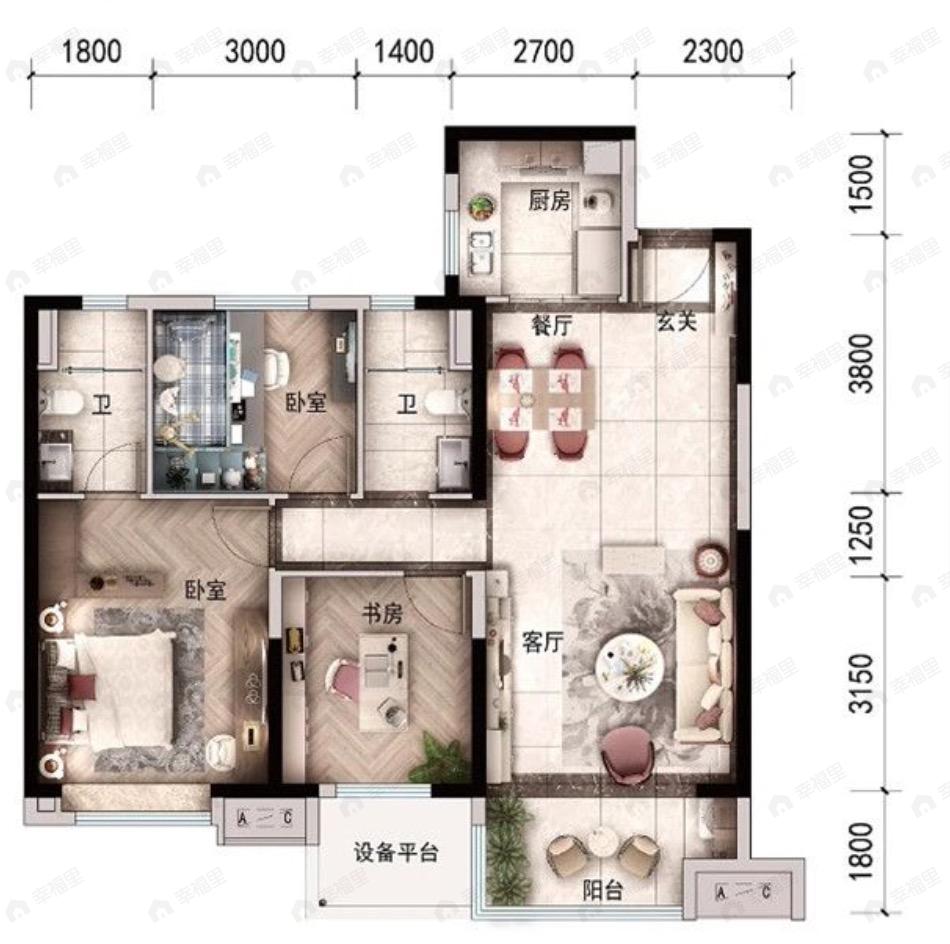 兰州碧桂园文璟城3室2厅2卫户型图