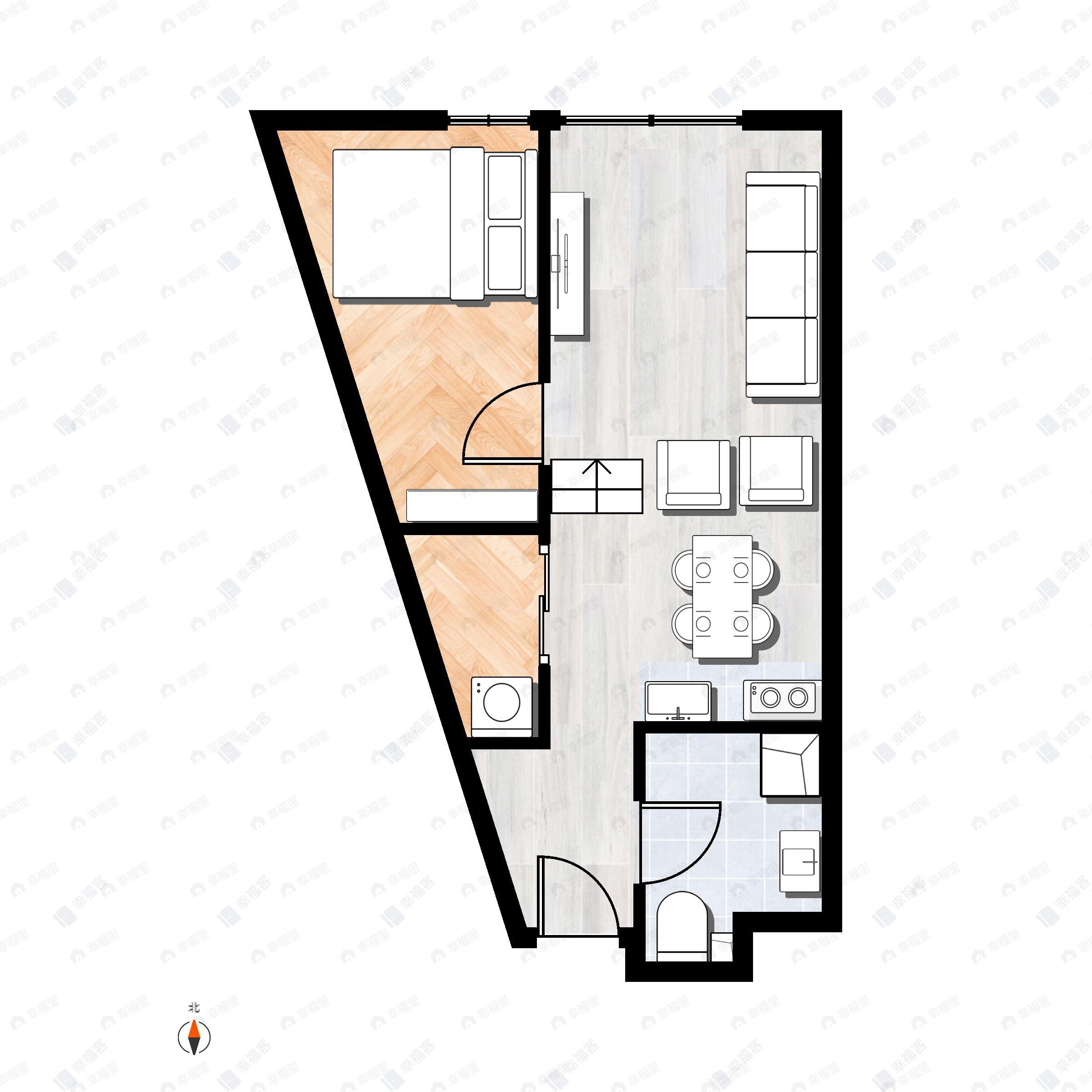 1室1厅1卫建面58m²西户型图