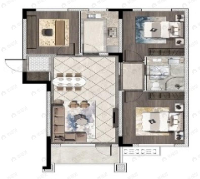 3室2厅1卫建面100平北|南户型图