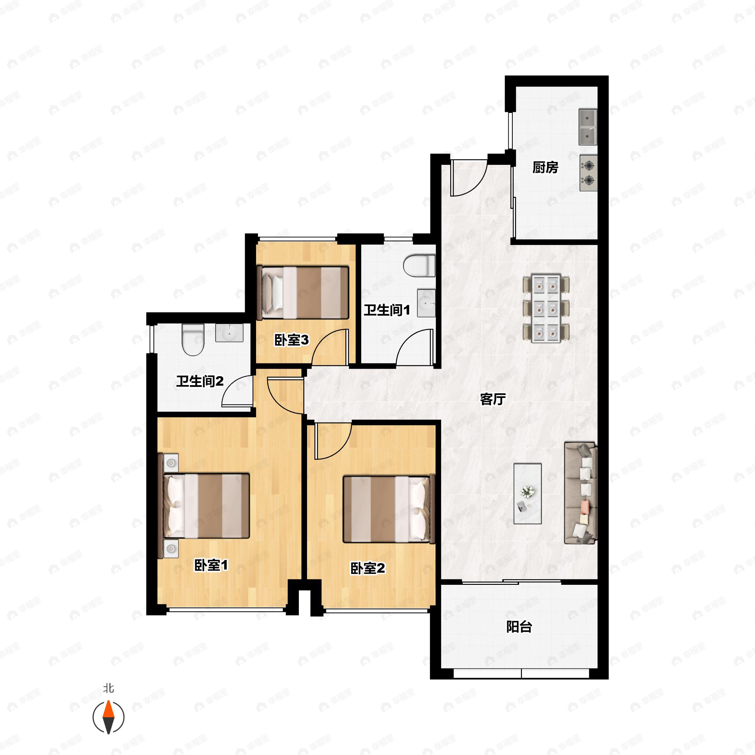 3室2厅2卫建面98m²南户型图