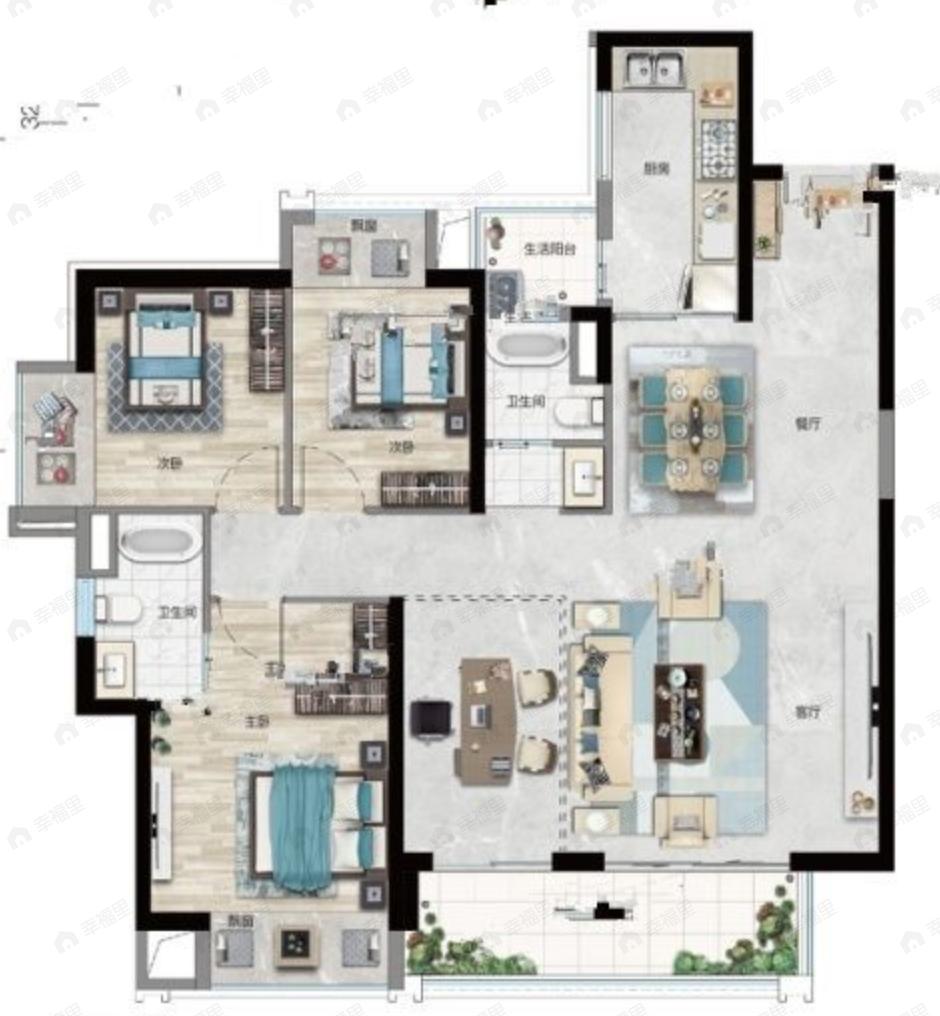 富康城紫悦府3室2厅2卫户型图