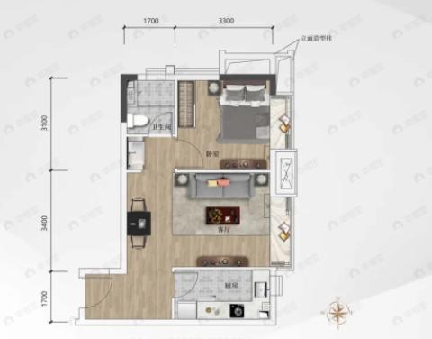 1室1厅1卫建面60平户型图