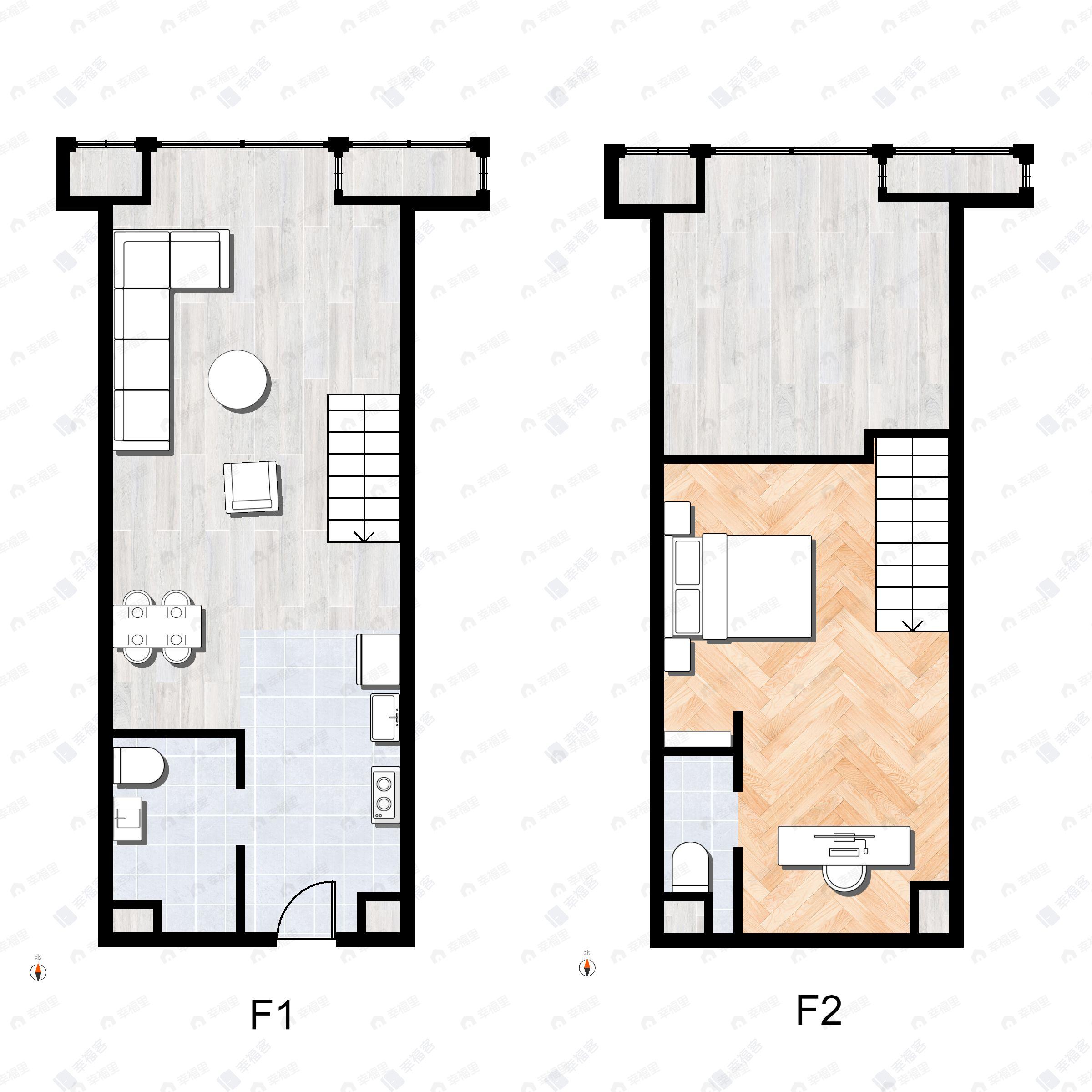 1室2厅2卫建面35平北户型图
