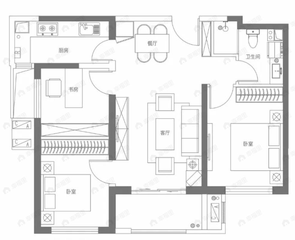 璟宸尊域府3室2厅1卫户型图