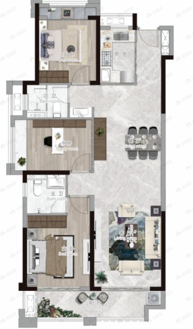 信达新外滩3室2厅2卫户型图