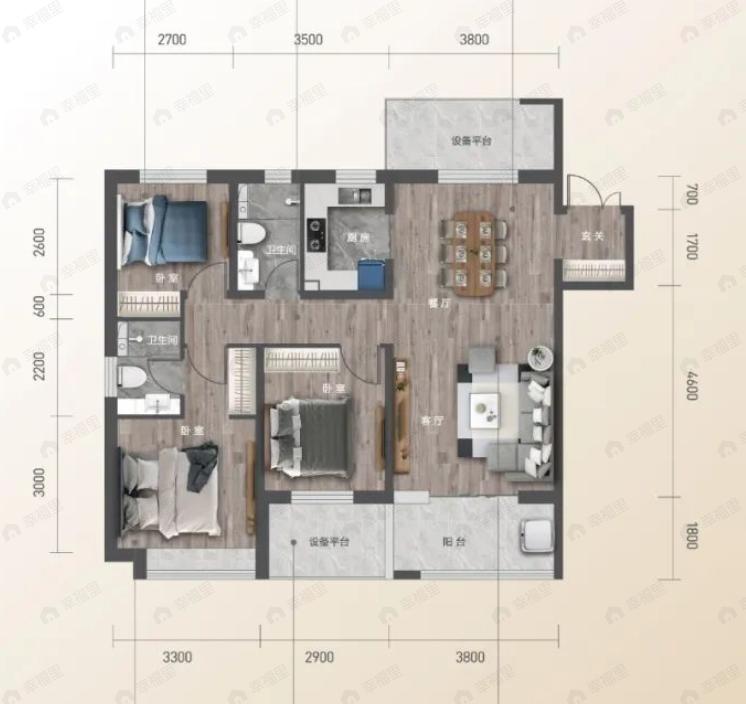 为福万和中心3室2厅2卫户型图