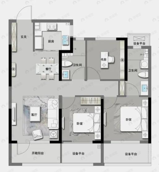 绿城和锦玉园3室2厅2卫户型图