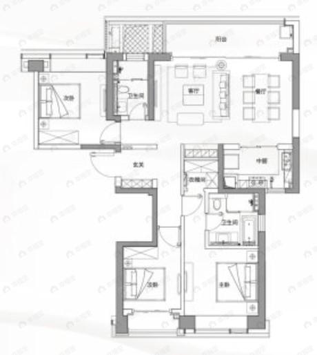 武汉平安幸福中心3室2厅2卫户型图