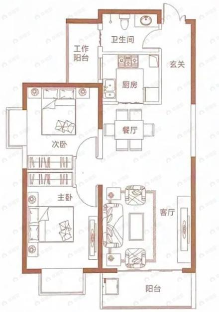 香山红叶2室2厅1卫户型图