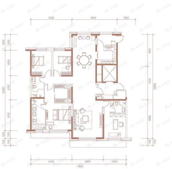 4室2厅3卫建面210平南|北户型图