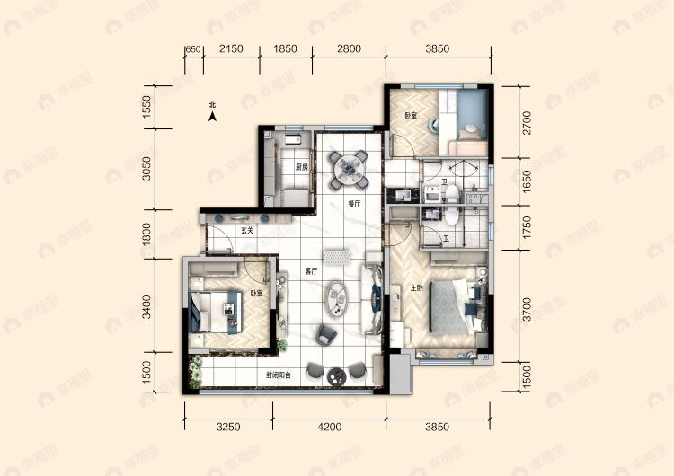 碧桂园文启城3室2厅2卫户型图