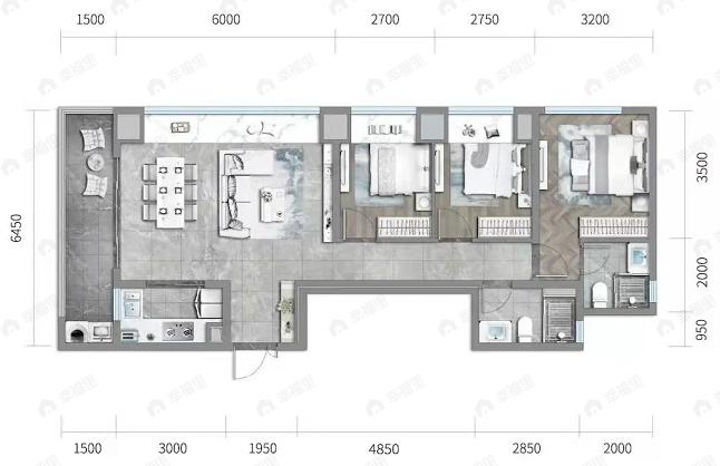 保利时区星悦3室2厅2卫户型图