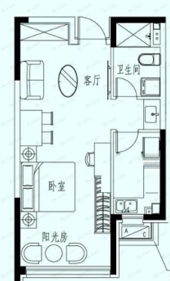 恒大国际温泉小镇1室1厅1卫户型图
