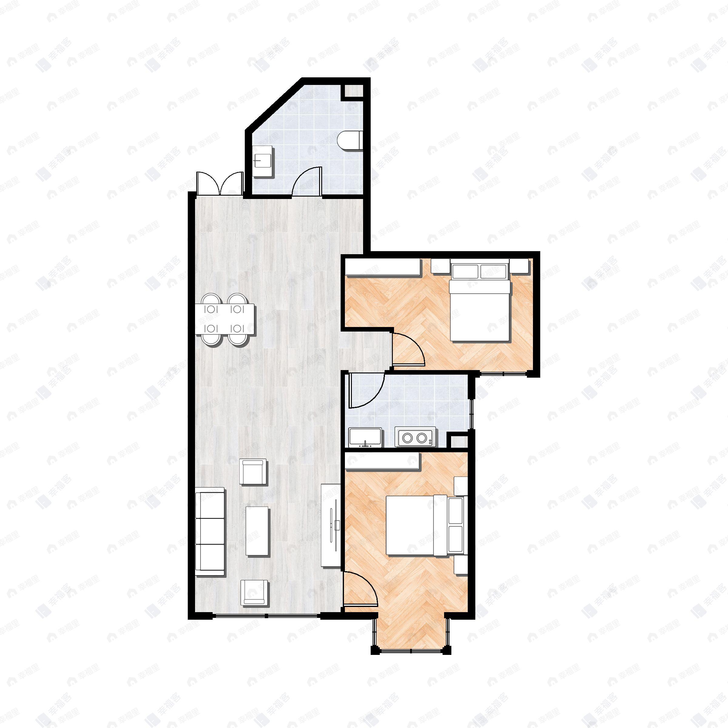 2室2厅1卫建面87m²南户型图
