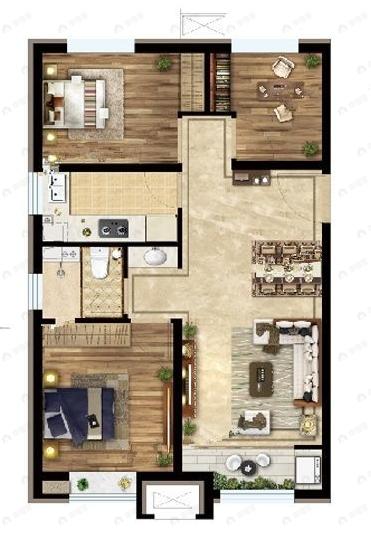 3室2厅1卫建面87平北|南户型图