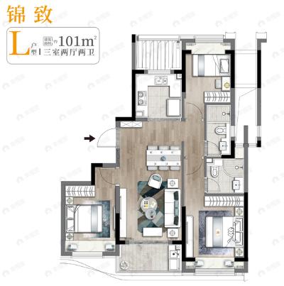 金地丰盛道3室2厅2卫户型图