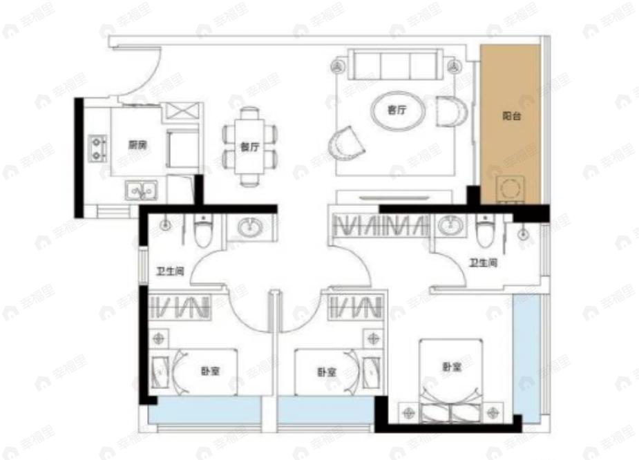 佳华沙湖广场3室2厅2卫户型图