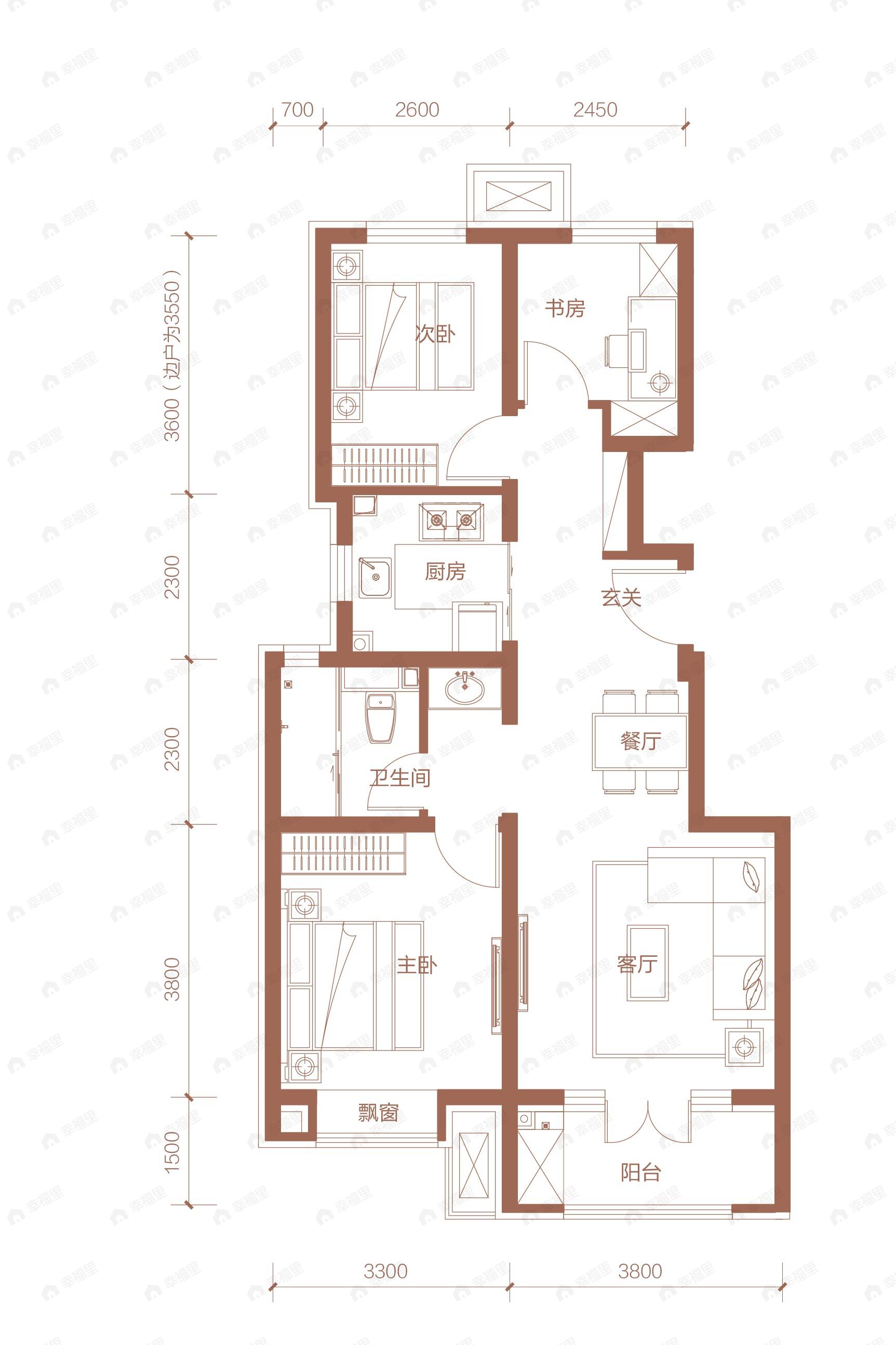 3室2厅1卫建面90平南|北户型图