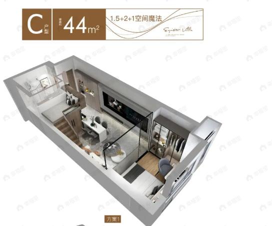 1室2厅1卫建面44平户型图