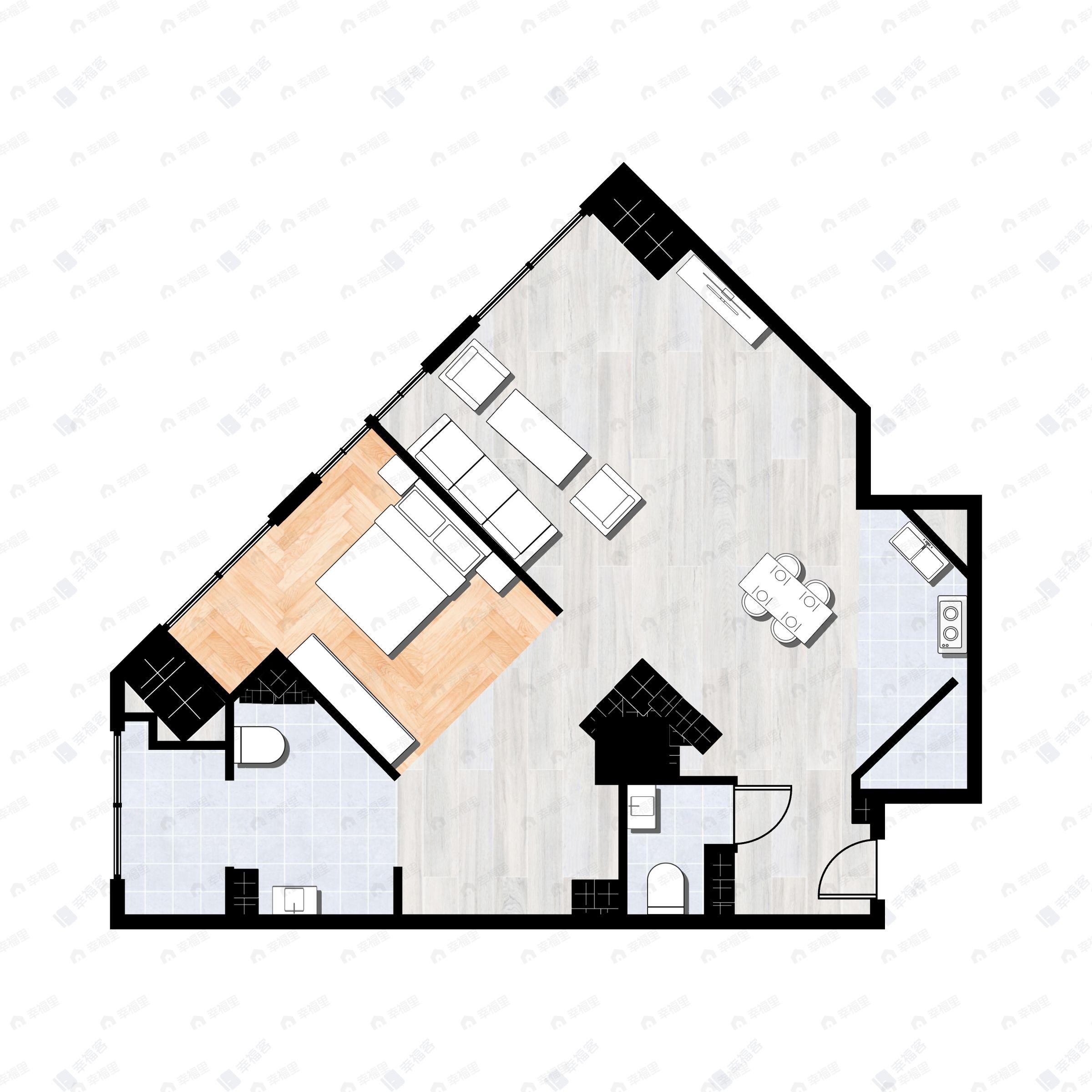 1室2厅2卫建面120m²西北户型图