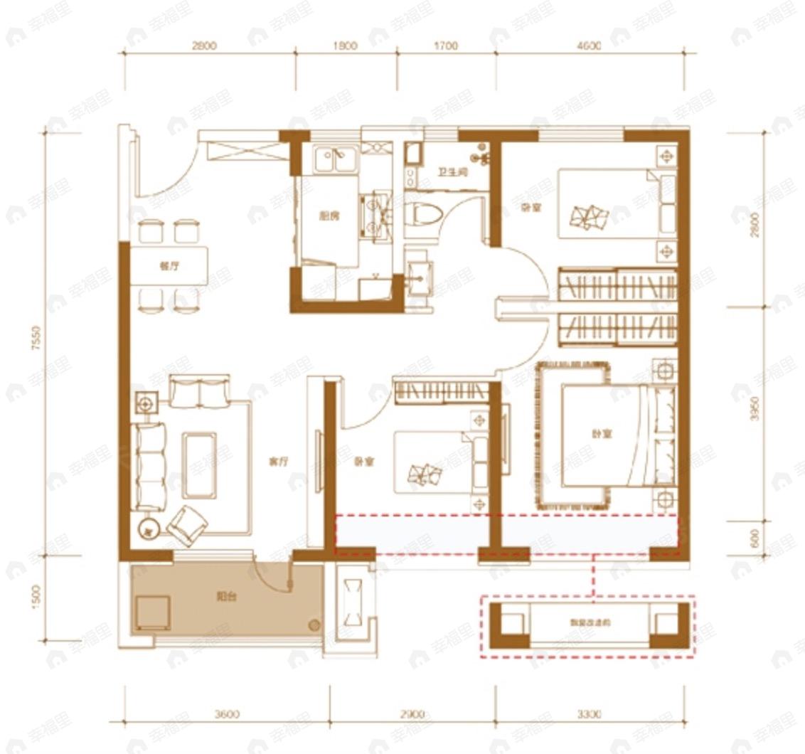 远洋红星兰州天铂3室2厅1卫户型图