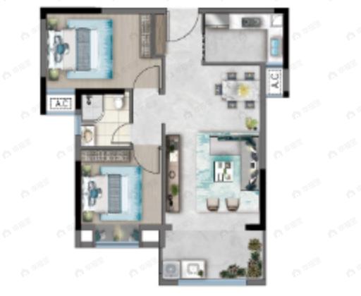 2室2厅1卫建面70平户型图