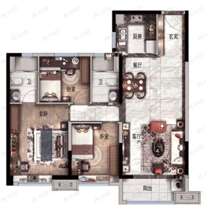 兰州碧桂园文璟城3室2厅2卫户型图