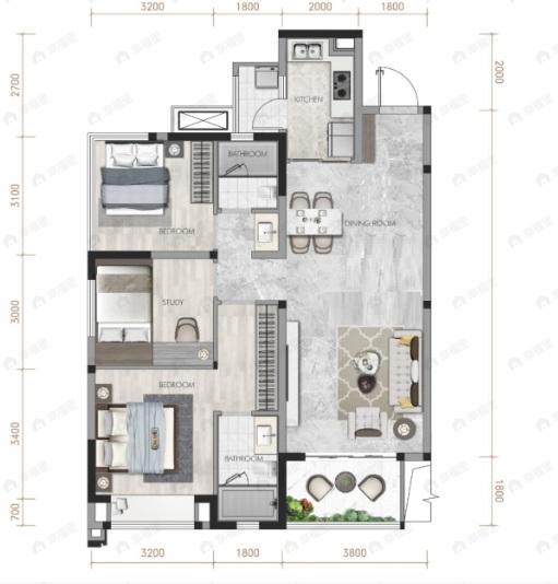 电建德商泷悦天玺3室2厅2卫户型图
