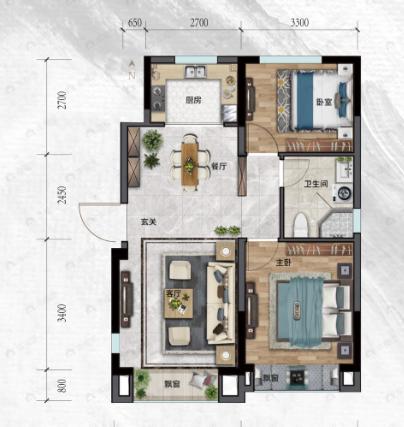 乾豪绿城湖畔和庐2室2厅1卫户型图