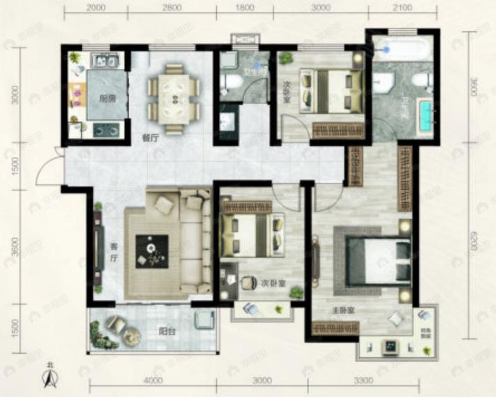 天鹅湖3室2厅2卫户型图