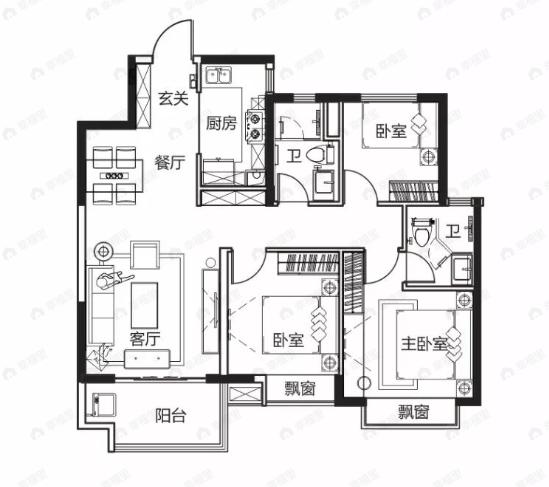 远洲九悦湾3室2厅2卫户型图