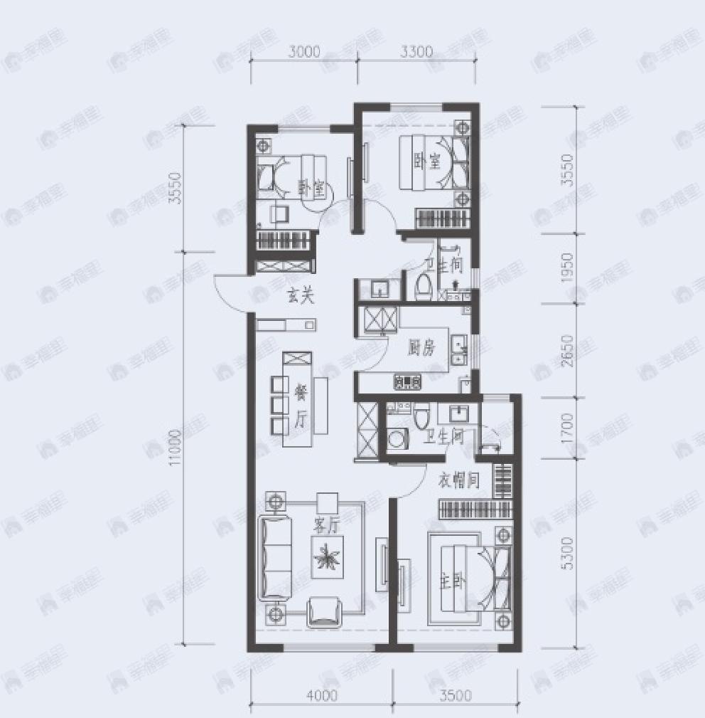 融创鹏辉玉兰星宸3室2厅2卫户型图