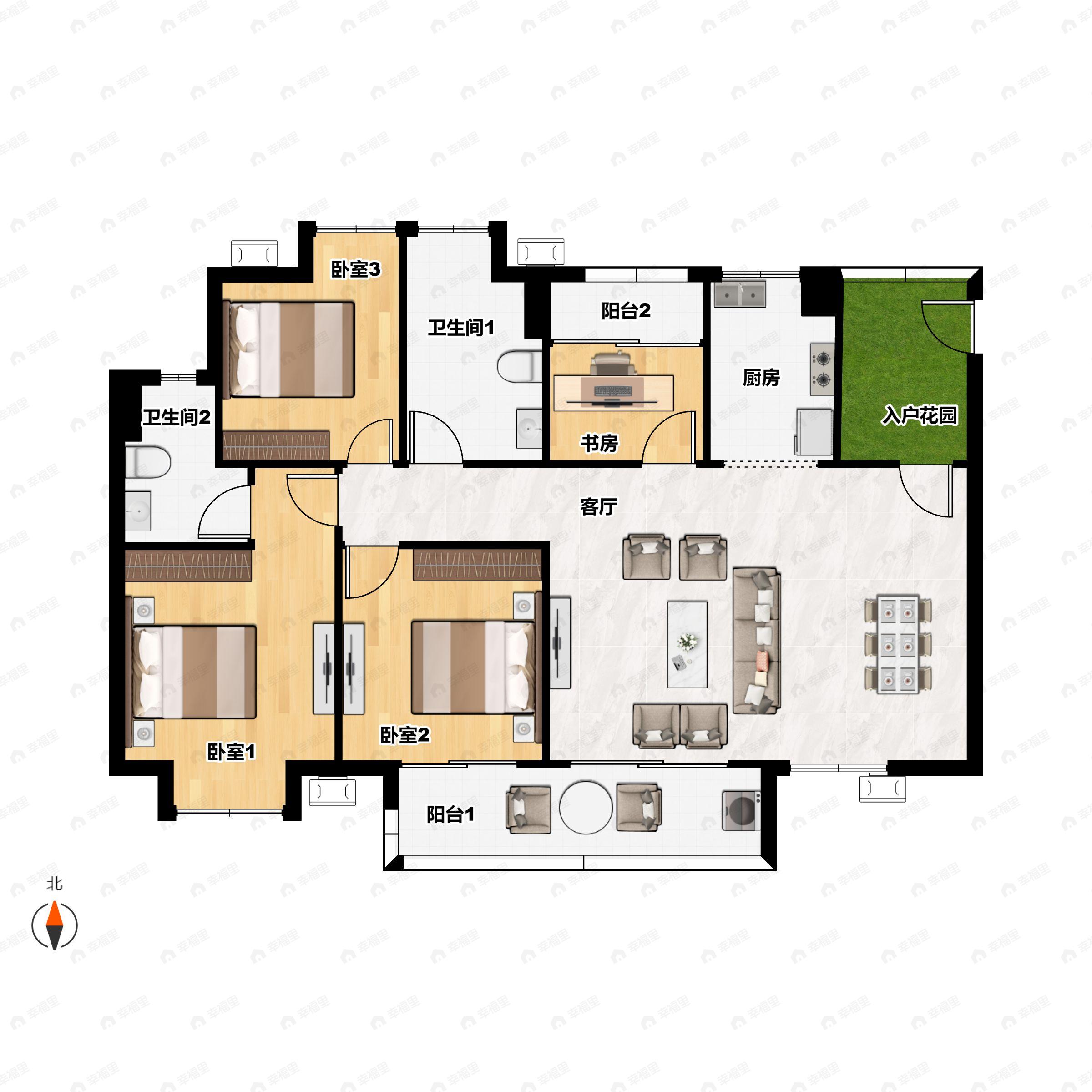 4室2厅2卫建面118平北|南户型图