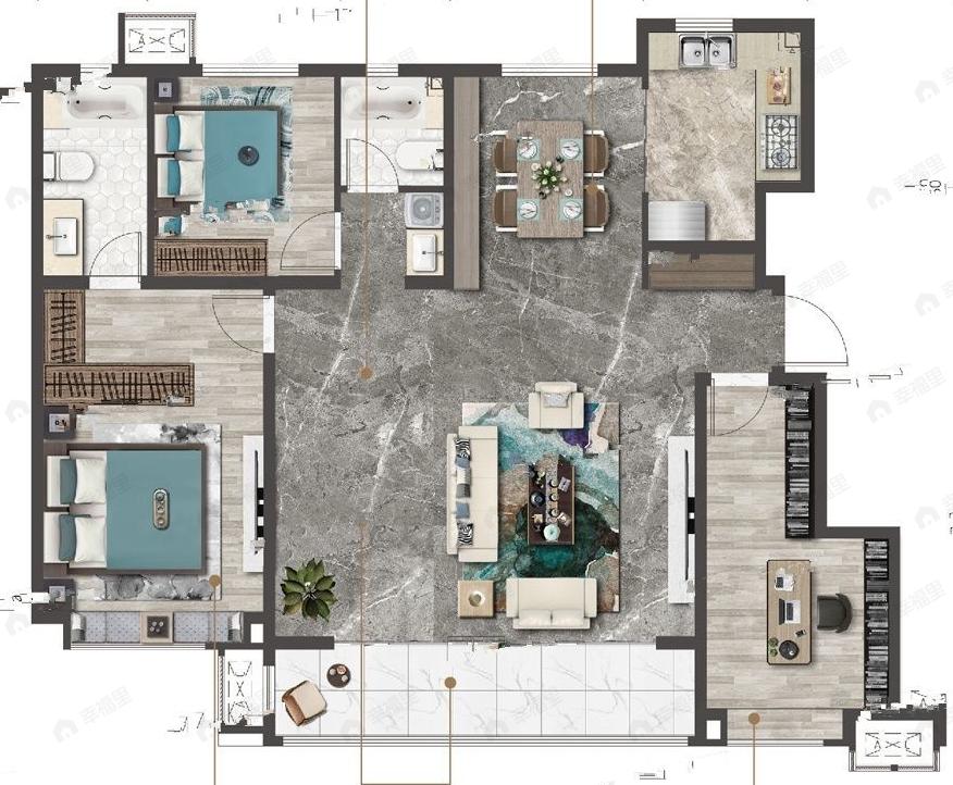 3室2厅2卫建面142m²北|南户型图