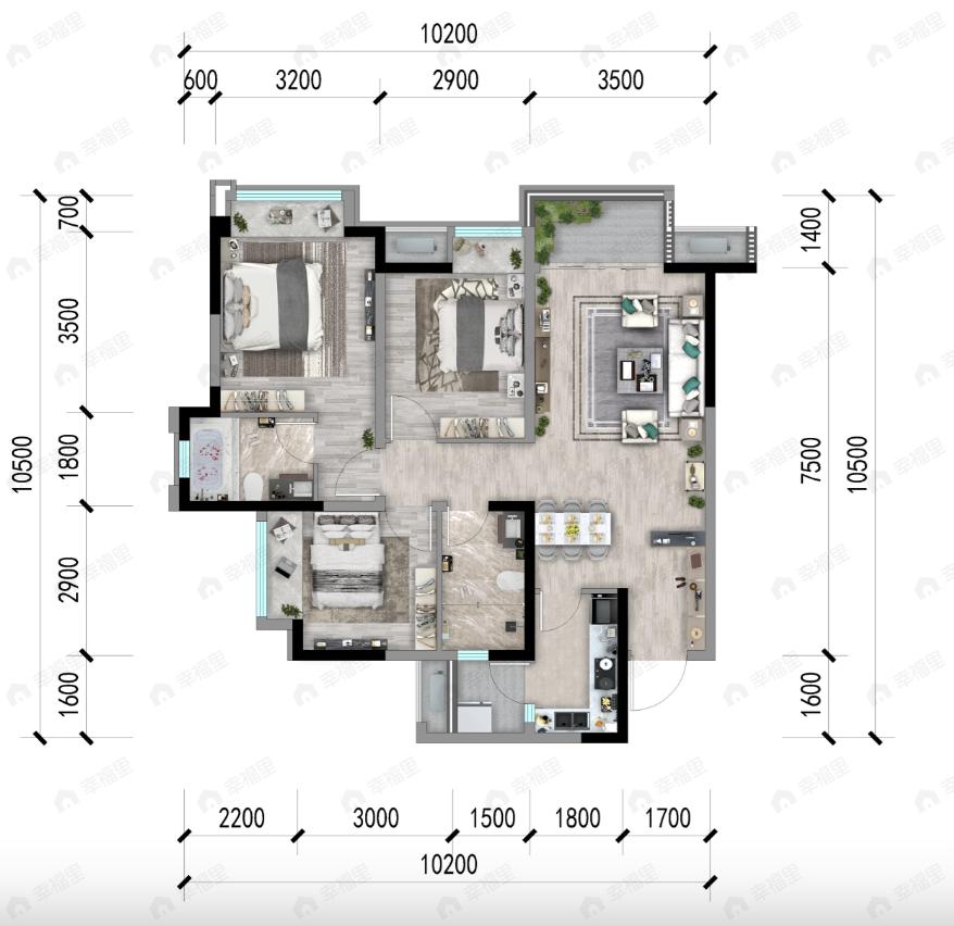 绿地智慧公园城3室2厅2卫户型图