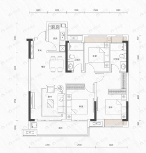 能建长江华府3室2厅2卫户型图